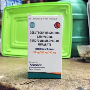 Kotak obat kombinasi ARV Dolutegravir Lamivudine Tenofovir Disoproxil Fumarate 50/300/300 mg produksi Amarox Pharma Global.