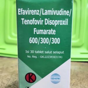 Kotak obat kombinasi ARV Efavirenz Lamivudine Tenofovir Disoproxil Fumarate 600/300/300 mg produksi Sampharindo Retroviral Indonesia.